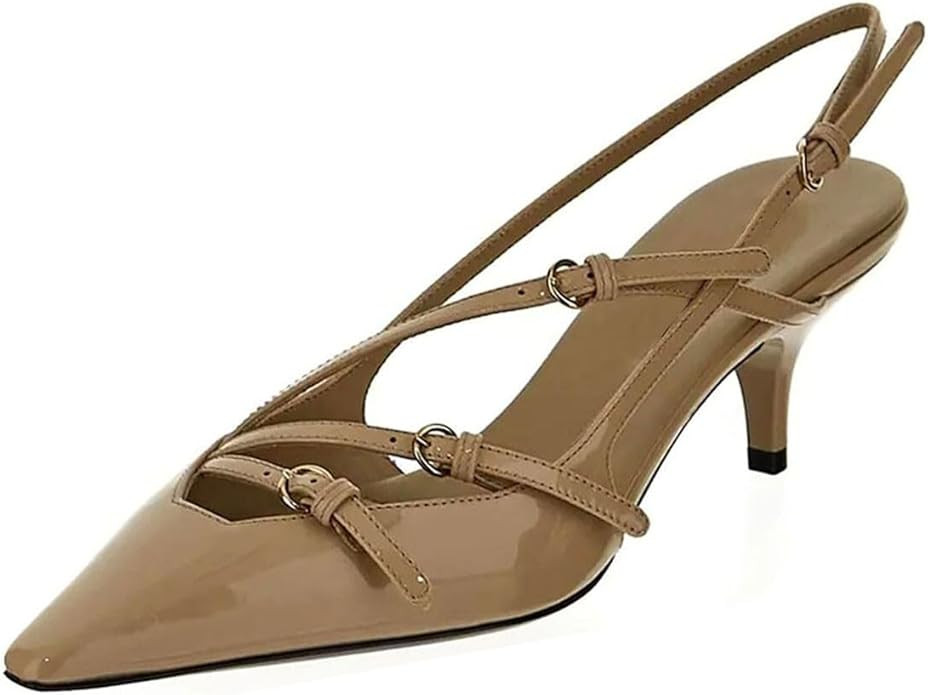 Divanne Slingback Heels for Women, Pointed Toe Kitten Heels Pumps Multi-Buckle Sling Back Shoes L... | Amazon (US)