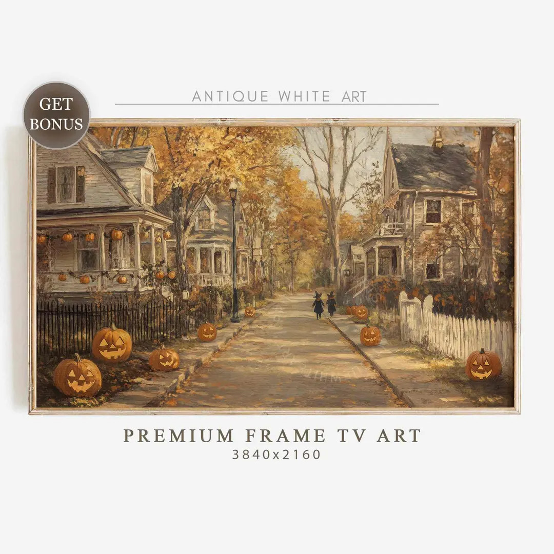 Spooky Town Frame TV Art, Halloween Frame TV, Vintage Town Street, Autumn Painting, Fall Samsung ... | Etsy (US)