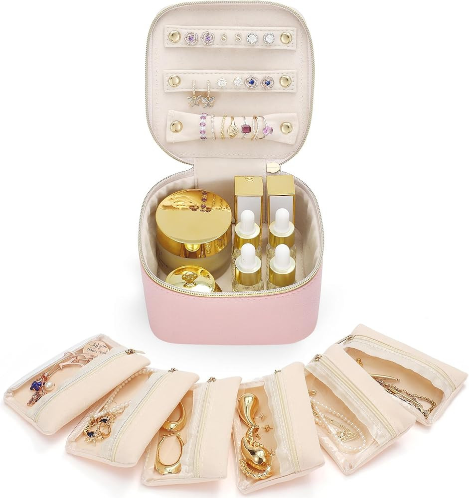 Parima Travel Makeup Bag Organizer - Travel Jewelry Case Makeup Bag | Pink Cosmetic Bag | Vacatio... | Amazon (US)