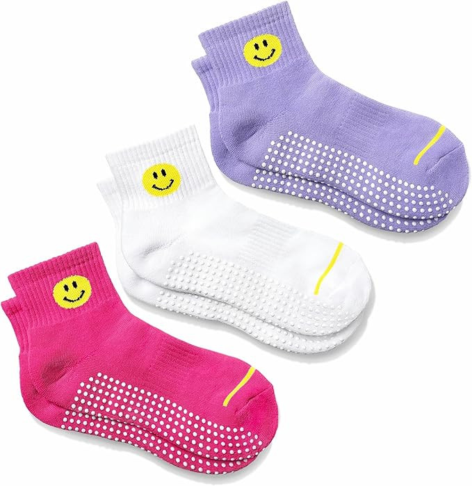 Smiley Grip Socks 3-Pack – Cushioned for Pilates, Studio, Non-Slip Ankle Socks, Happy Face Desi... | Amazon (US)