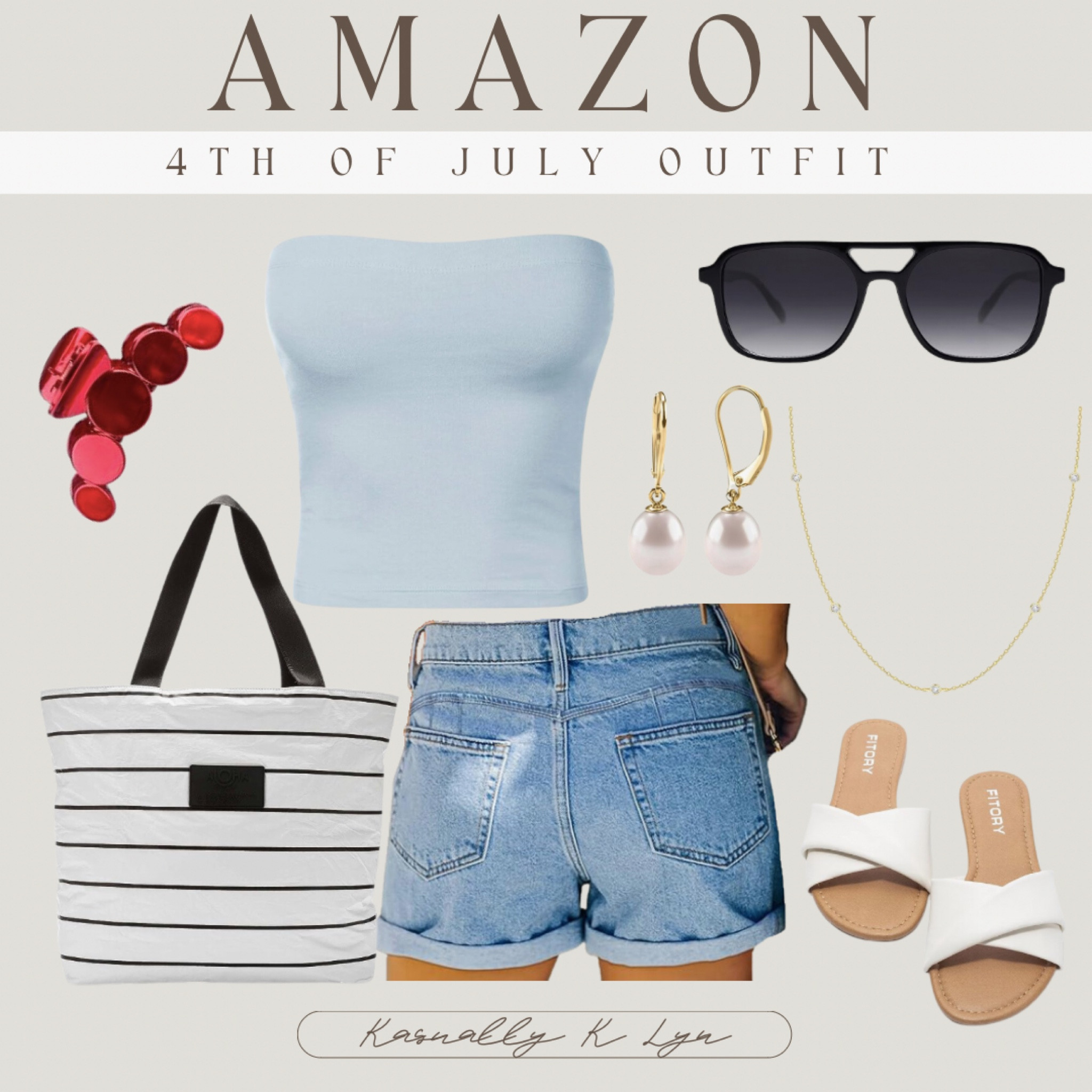 Amazon 4th of July Outfit Inspo!!women’s ripped mid rise distressed stretchy denim jean shorts. women’s light blue tube top. washable striped tote bag for pool, beach, and travel. women’s flat sandals with soft leather. red hair claw clip design. dangle stud pearl earrings. women’s plated layered gold necklace. retro trendy rectangular sunglasses. 


#LTKStyleTip #LTKFindsUnder50 #LTKU