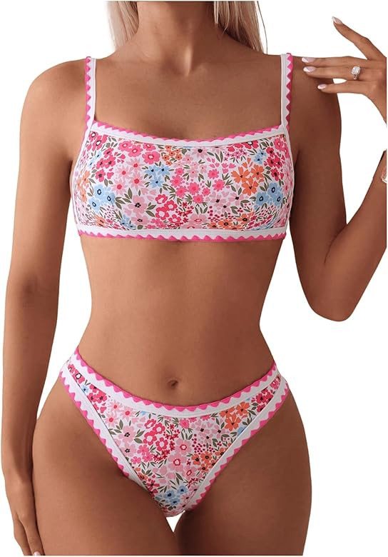 SOLY HUX Bathing Suit for Women Two Piece Floral Print Tie Back Swimsuit Bikini Sets | Amazon (US)