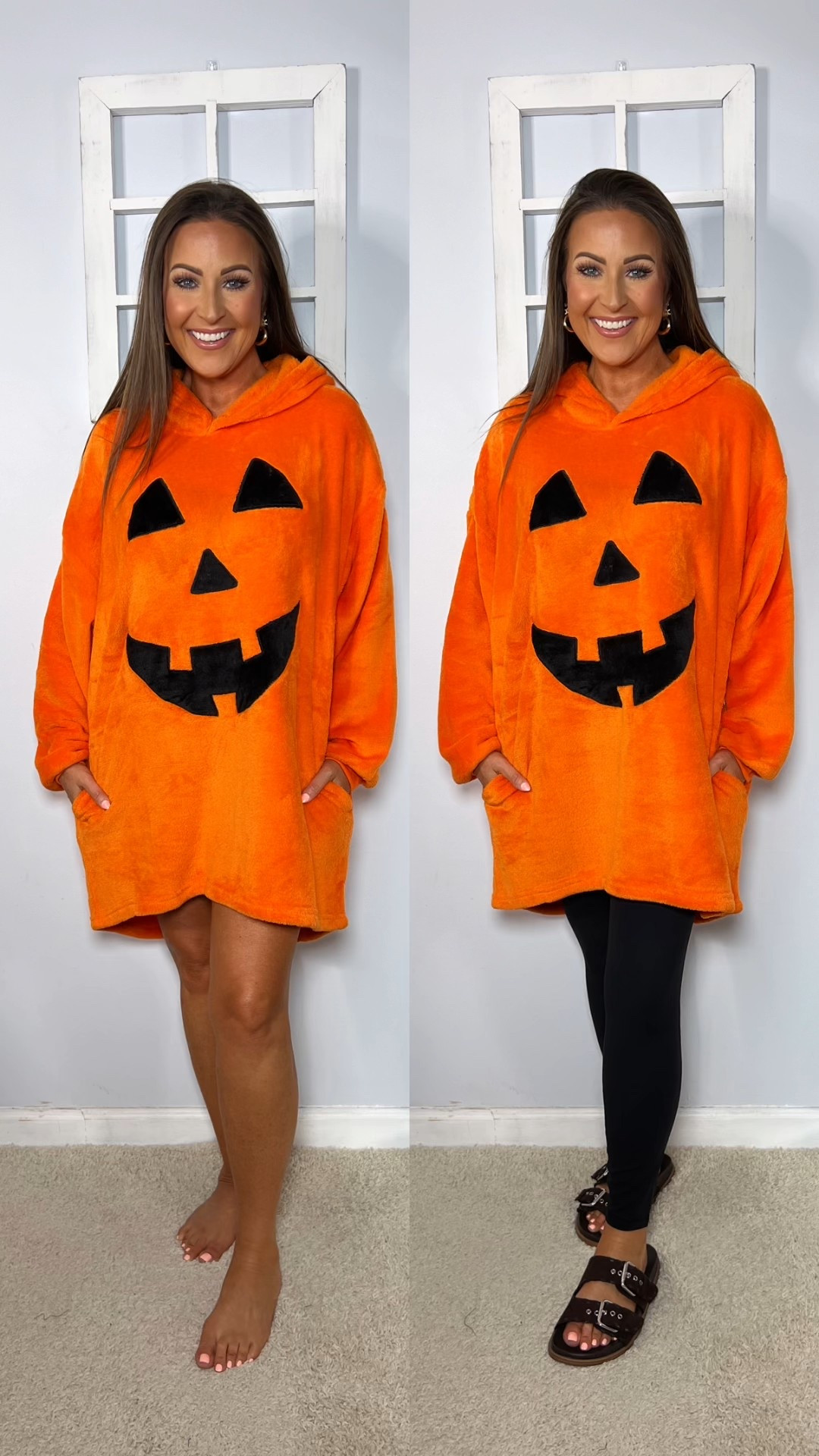 Plush Halloween lounger hoodie - perfect for cozying up on the couch or pair with leggings for trick or treating! 🎃

Hoodie: S/M
Leggings: I LOVE these! They’re a nice fabric and they have a pocket on the side. I have several colors! 
Sandals have adjustable straps 

Halloween pajamas, Halloween costume, Halloween outfit, Walmart Halloween, Halloween hoodie, pumpkin hoodie, jack o lantern hoodie, jack o lantern shirt, black leggings with pockets, fall outfits, fall fashion

#LTKSeasonal #LTKFindsUnder50 #LTKStyleTip
