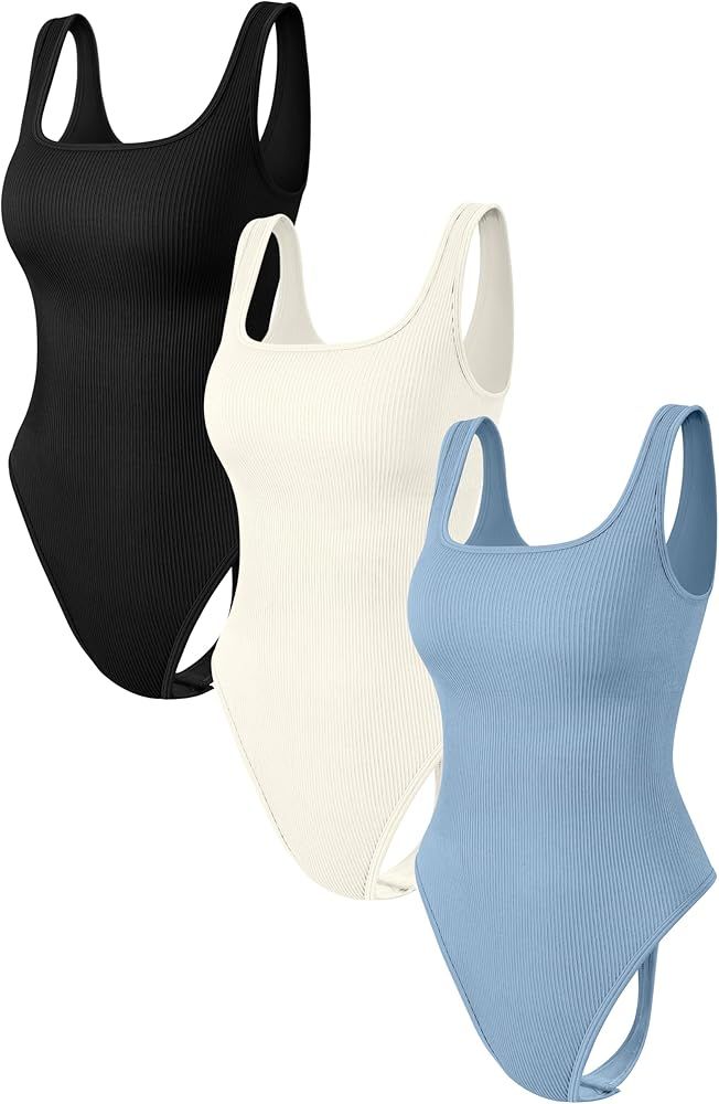 OQQ Women's 3 Piece Bodysuits Sexy Ribbed Sleeveless Square Neck Stretch Tank Tops Thongs Bodysui... | Amazon (CA)