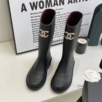 Chanel Rubber Black Rain Boots White CC Logo Size 39 | eBay US