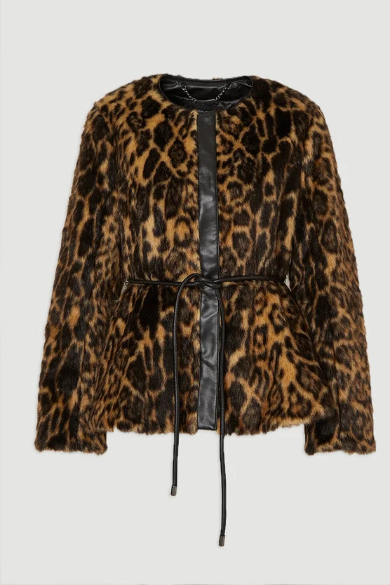 Faux Fur Leopard Collarless  Coat | Karen Millen US