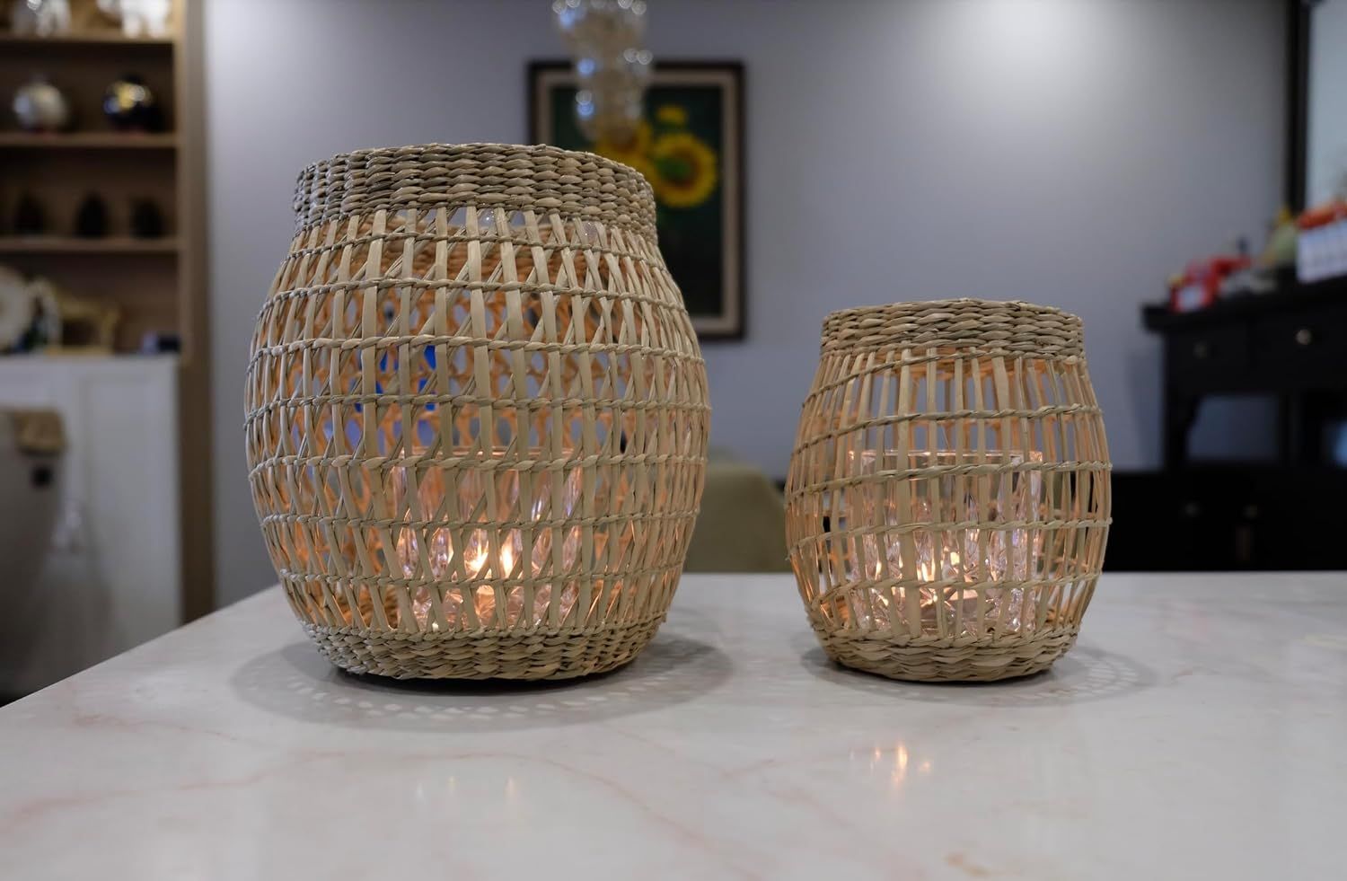 Set 2 Woven Seagrass Lanterns, Boho Wicker Lantern with Round Shape, Decorative Seagrass Candle H... | Amazon (US)