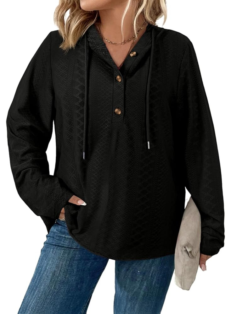 Eytino Womens Plus Size Sweatshirts Long Sleeve V Neck Embroidered Eyelet Drawstring Button Pullo... | Amazon (US)