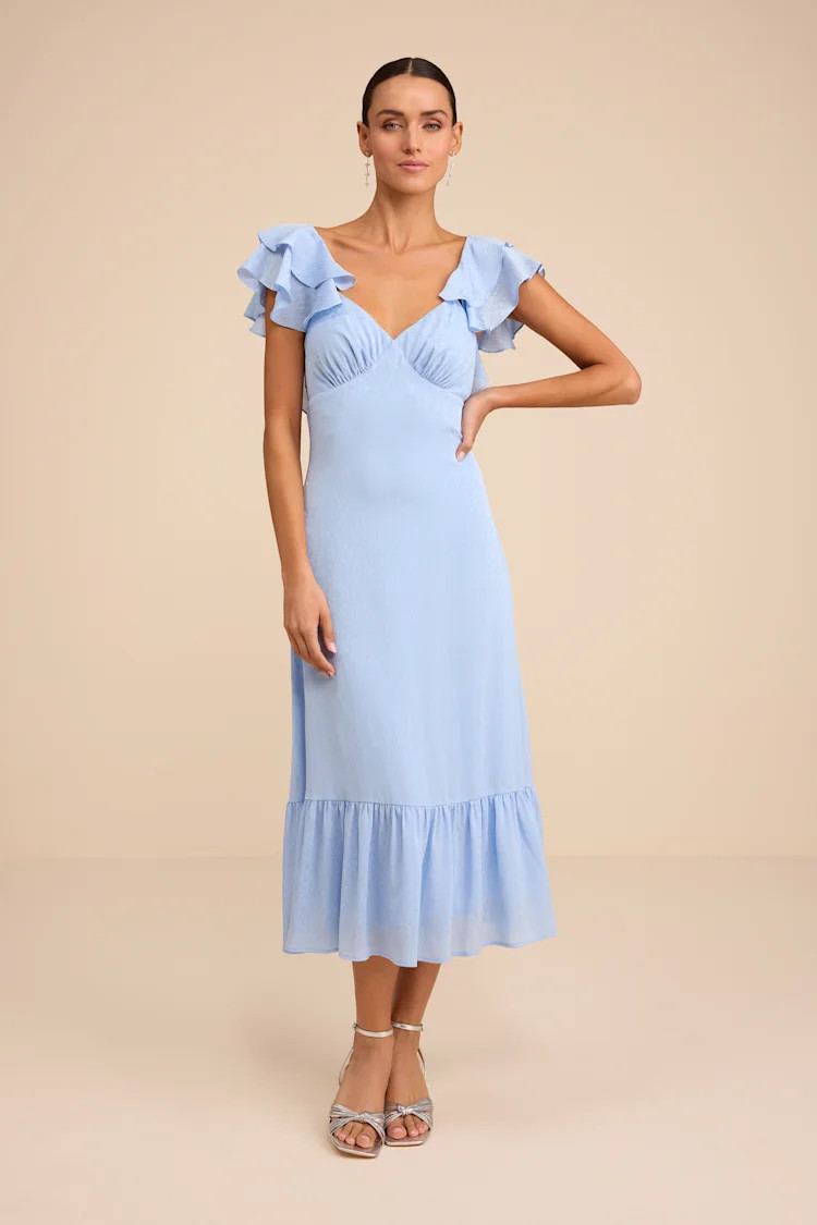 Devie Light Blue Satin Jacquard Flutter Sleeve Midi Dress | Lulus