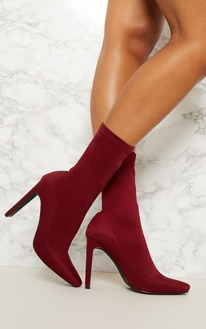 Burgundy Flat Heel Lycra Sock Boot | PrettyLittleThing UK