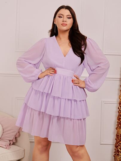 SHEIN Plus Lantern Sleeve Layered Hem Chiffon Dress | SHEIN