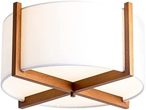 VILUXY Semi-Flush Mount Ceiling Light Fixture with Wood and Off-White Fabric Drum Shade Modern Chand | Amazon (US)