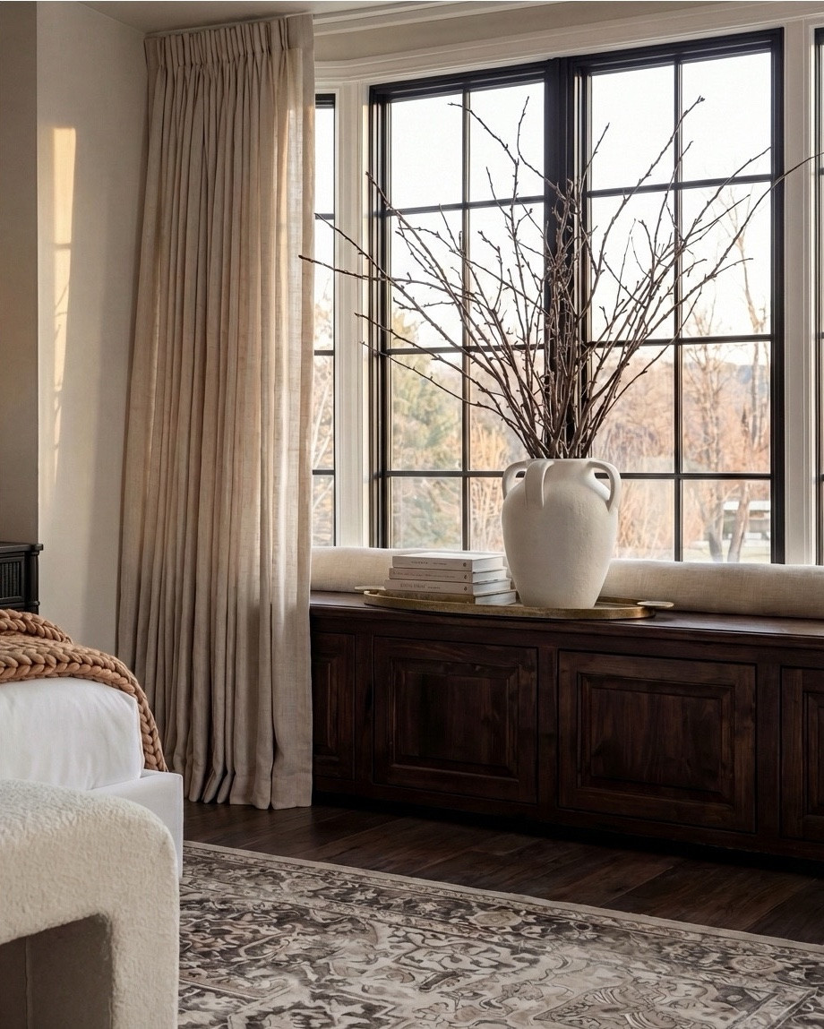 Shop the Look: Bedroom Refresh
This bedroom feels warm, layered, and quietly elevated. Rustic wood ceiling beams bring character and age, while soft neutral upholstery and tailored bedding keep the space feeling polished and calm. Dark wood casegoods ground the room, balanced by creamy textiles, warm brass accents, and subtle pattern throughout. Every detail feels intentional but effortless—classic, timeless, and livable.

The styling leans collected rather than decorated: chunky knits, sculptural ceramics, soft candlelight, and muted artwork that adds depth without overpowering the space.

Shop the Look:
• Upholstered wingback bed (ivory fabric)
• White cotton bedding set
• Neutral euro pillows
• Black and tan patterned accent pillows
• Chunky knit throw blanket (camel brown)
• Dark black wood nightstands
• Decorative bunny Brass table lamps with white shades
• Framed abstract wall art (neutral tones)
• Vintage-style area rug (beige and taupe)
• Dark black wood dresser with brass hardware
• Brass ring drawer pulls
• Glass hurricane candle holders
• White pillar candles
• Decorative brass tray
• Sculptural brass decor object
• Small stone sculpture 
• Light beige linen curtains
• Ceramic vase (off-white)
• Decorative branches
• Coffee table books (neutral covers)
• Upholstered bench at foot of bed (cream fabric)
• Upholstered wood accent chair 
• Round ribbed black end table

#LTKhome #LTKsale #LTKstyletip