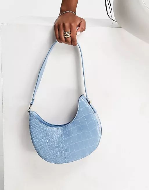 ASOS DESIGN curved shoulder bag with long strap in blue croc | ASOS (Global)