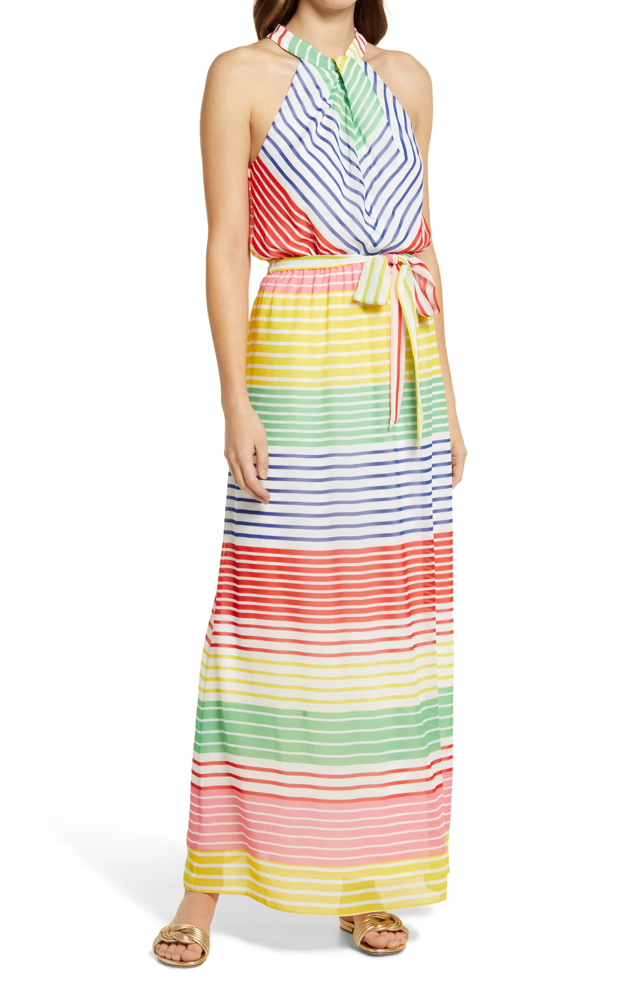 Women's Julia Jordan Stripe Halter Neck Maxi Dress, Size 14 - Ivory | Nordstrom
