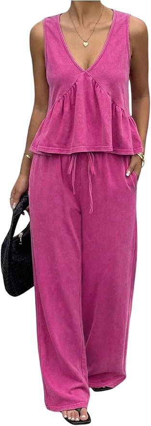 SOLY HUX Women's Pants Sets 2 Piece Outfits Sleeveless V Neck Crop Top and Pants Summer Matching ... | Amazon (US)