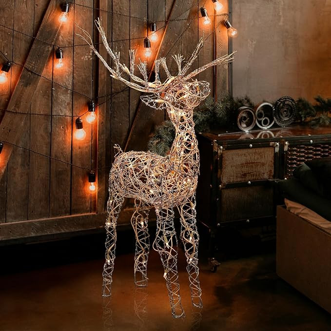 Alpine Corporation 35"H Outdoor Rattan Holiday Reindeer Lawn Decoration with White Lights | Amazon (US)