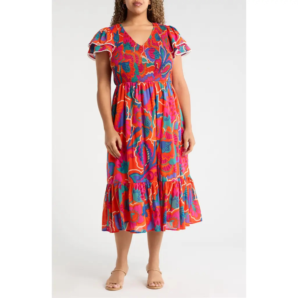 SUGARLIPS Ranchero Sunfire Floral Tiered Midi Dress in Red-Multi at Nordstrom, Size 2 X | Nordstrom