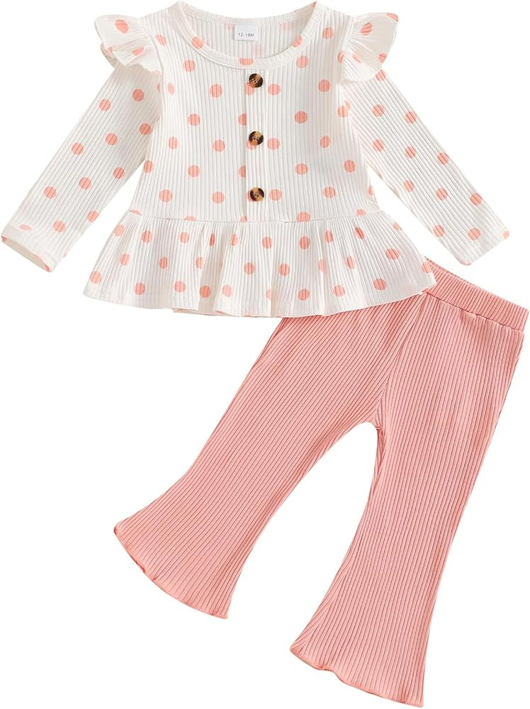 Mubineo Toddler Baby Girl Clothes Cute Ribbed Outfits Knit Long Sleeve Shirt Tops Bell Bottom Pan... | Amazon (US)