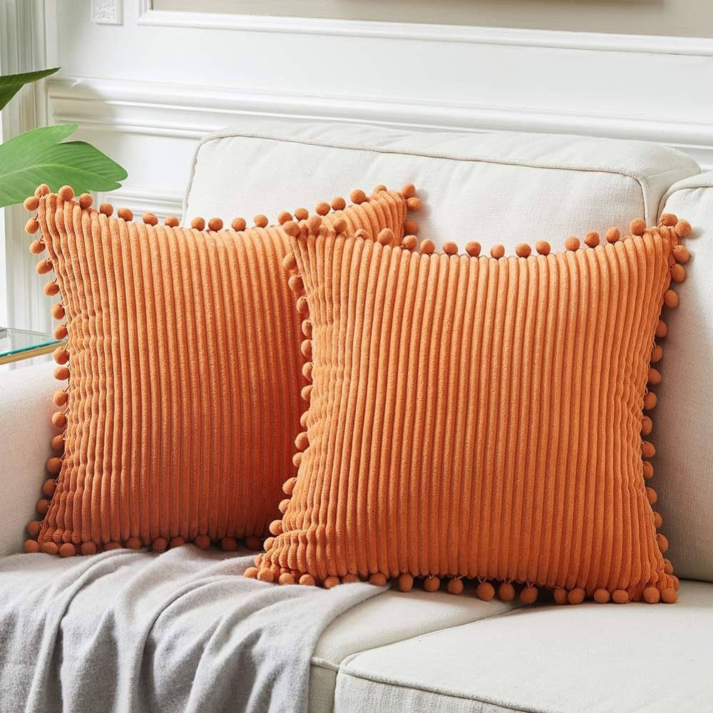 Fancy Homi Pack of 2 Corduroy Fall Decorative Throw Pillow Covers with Pom-poms, Solid Square Cus... | Amazon (US)