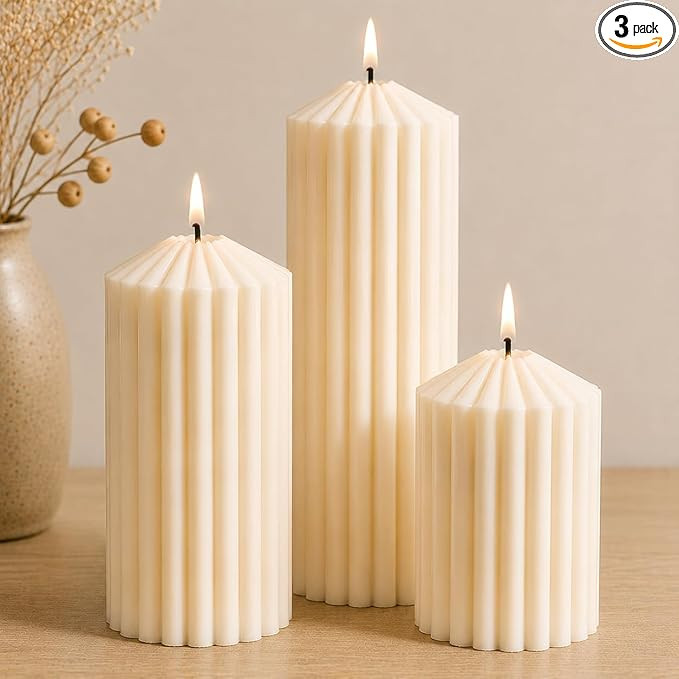3 Pack Cream White Ribbed Pillar Candles-Natural Soy Wax Unscented,Non-Toxic,Smokeless Large Cand... | Amazon (US)