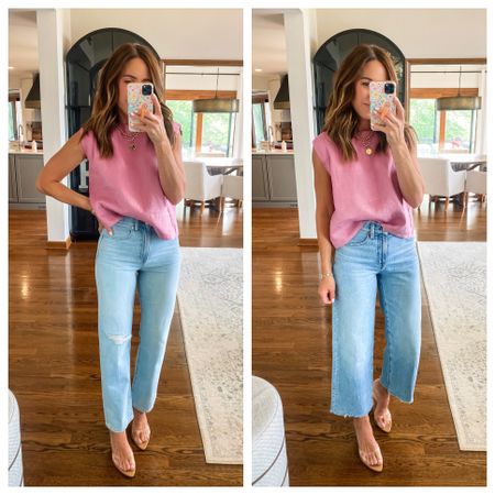 2 jeans perfect for Summer. 
Left- 90s straight crop jean in Fitzgerald wash, down one size (or stay tts for a looser fit)
Right- perfect vintage wide leg crop in Altoona wash, down one size
Regular length in both
XS top. 
Shoes tts 

#LTKxMadewell #LTKStyleTip #LTKOver40