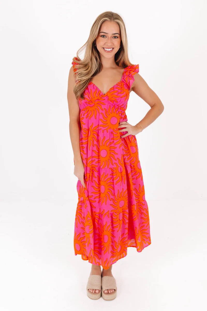 The Mara Ruffle Tie Strap Midi Dress - Hot Pink | The Impeccable Pig