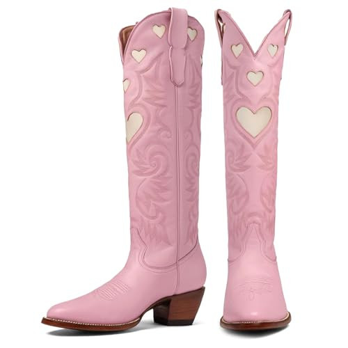 POYOIOR Pink Cowboy Knee High Boots for Women Wide Calf Round Toe Chunky Stacked Heel Western Cowgirl Boot Heart Pattern Classic Embroidered Vintage Tall Booties Pull on 2025 Fall Winter Size 8.5 | Amazon (US)