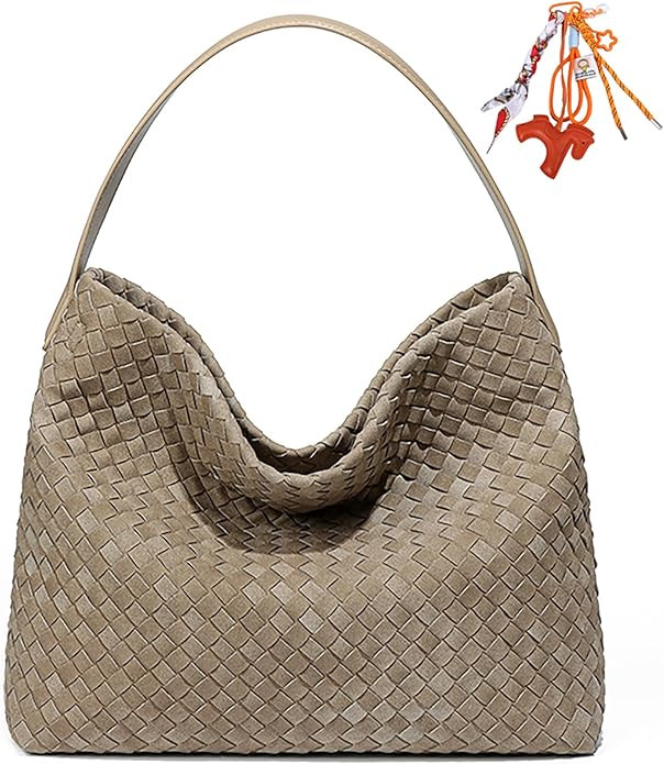 Suede Hobo Bags for Women Fall Woven Purse Slouchy Shoulder Crossbody Bag with Silk Scarf | Amazon (US)