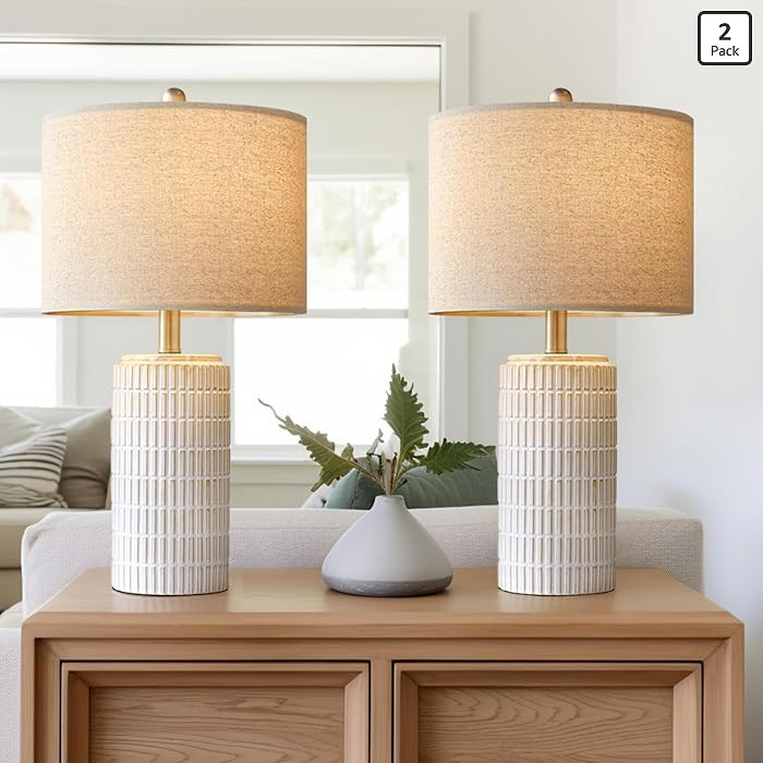 PoKat 23" Modern Ceramic Table Lamp Set of 2 for Living Room White Desk Lamps for Bedroom Farmhou... | Amazon (US)