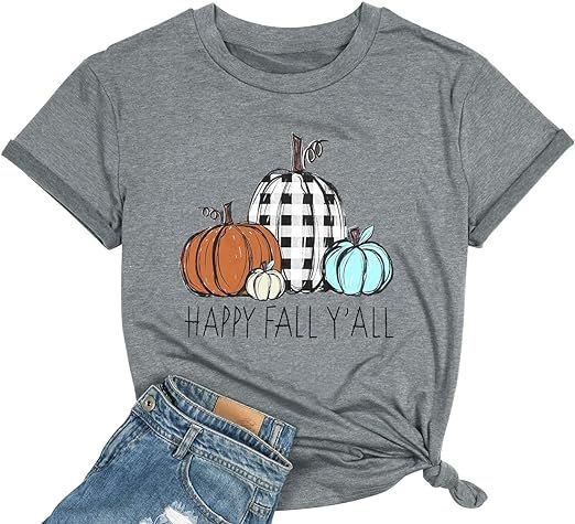 Halloween It's Fall Y'all Letter T Shirt Women Cartoon Pumpkin Graphic Spice Tee Tops | Amazon (US)