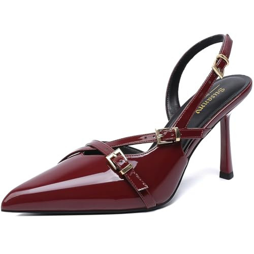 Susanny Burgundy Patent Slingback Heels for Women Closed Pointed Toe Strappy Dress Pumps Comfort Red Stiletto Kitten Heels Buckle Strap Dressy Slip On Shoes for Wedding Bridal 9 | Amazon (US)