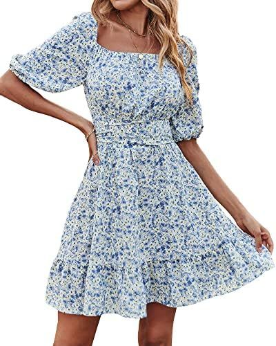 BTFBM Women 2023 Summer Square Neck Short Sleeve Casual Dress Tie Back Floral High Waist Ruffle B... | Amazon (US)