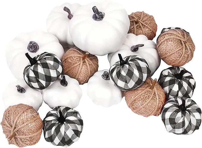 18 Pcs Fall Pumpkin Decor, Foam Artificial Pumpkins Burlap Grid White Pumpkins for Decorating Hal... | Amazon (US)