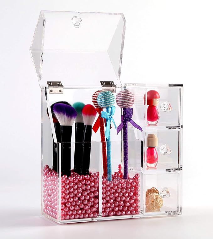 ABO Gear Acrylic Makeup Organizer With 2 Make Up Brush Holders and 3 Drawers Large Makeup Brush H... | Amazon (US)