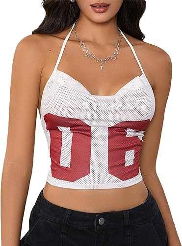 MakeMeChic Women's Y2k Tops Backless Jersey Shirts Summer Graphic Halter Draped Tank Crop Tops | Amazon (US)