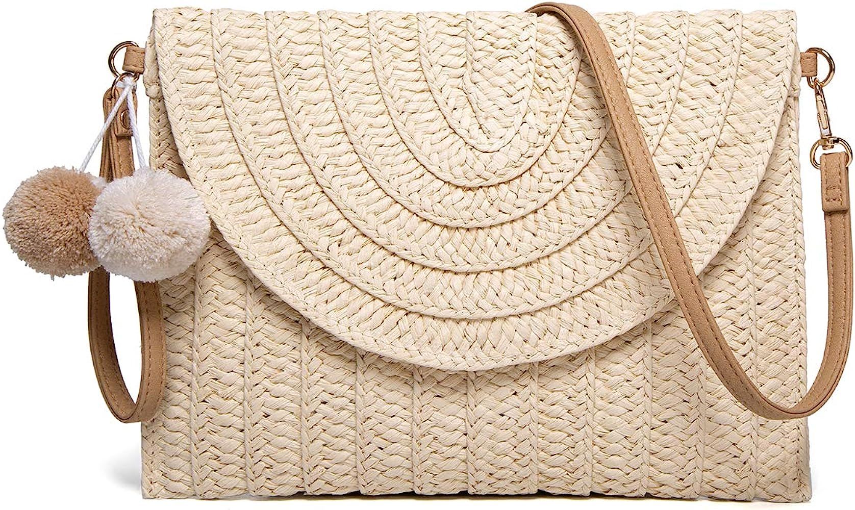 Straw Shoulder Bag Straw Clutch Women Hand-woven PomPom Straw Crossbody Bag Summer Beach Envelope Pu | Amazon (US)