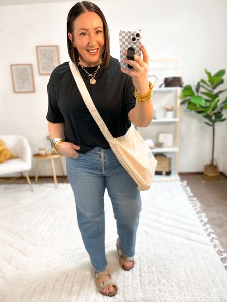 These elbow length sleeve tees from Target are a great basic to have on hand this spring and summer. Sized up to an xl in mine. 
Size 32 Levi’s jeans. Sandals run tts  

#LTKfindsunder50 #LTKstyletip #LTKmidsize