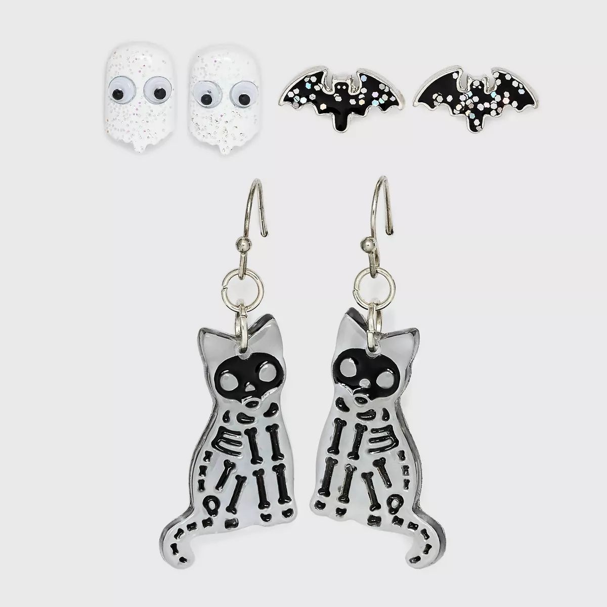 Halloween Bat Ghost and Skeleton Cat Stud Earring Set 3pc - Black | Target