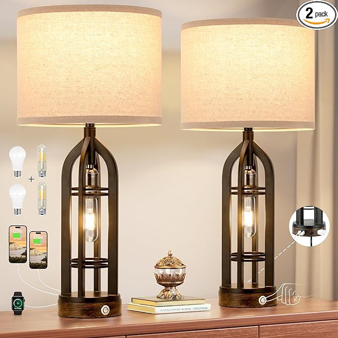 Table Lamp for Living Room - Lamps Set of 2 with USB C+A & Outlet, 3-Way Dimmable Farmhouse Lamps... | Amazon (US)