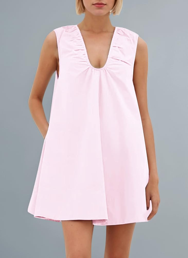 Women's Sleeveless Babydoll Tank Mini Dress Scoop Neck Ruched Bubble Dress with Pockets Short Sum... | Amazon (UK)