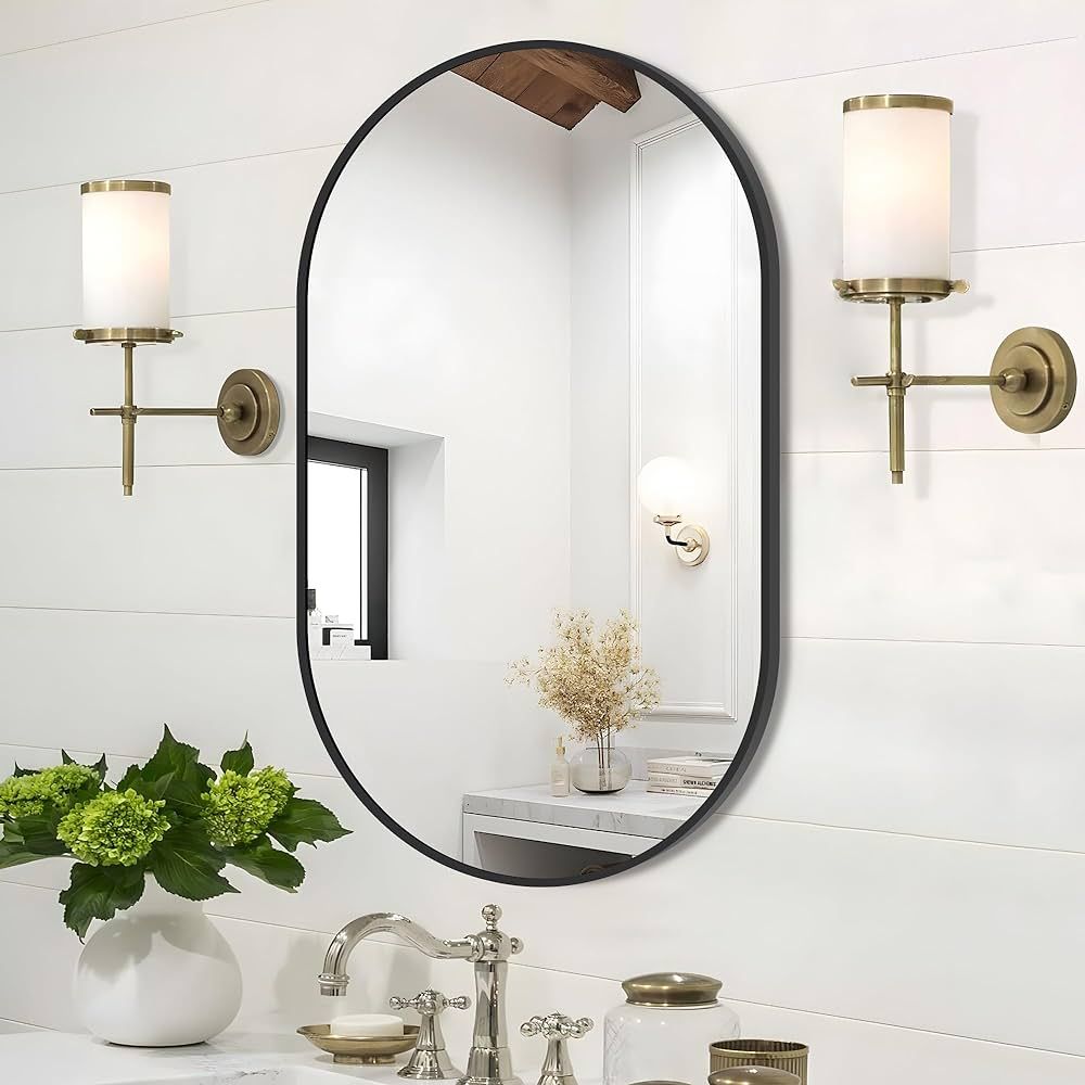 COFENY Oval Mirror, 17"x30" Black Bathroom Mirror with Metal Frame, Wall Mount Mirrors Decor for ... | Amazon (US)
