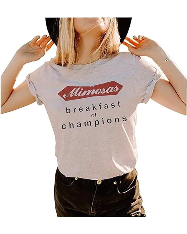 Mimosas Breakfast of Champions T-Shirt for Women Drinking Party Short Sleeve Tees Casual Letter P... | Amazon (US)