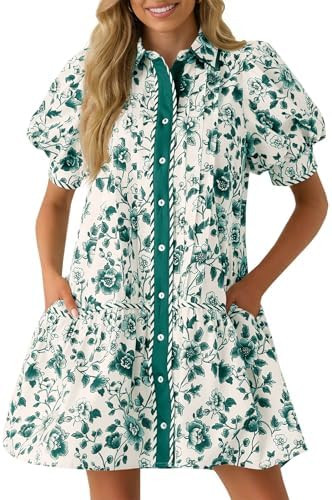 Wenrine Womens Mini Dress Summer Casual Short Puff Sleeve Floral Collared V Neck Loose Button Dow... | Amazon (US)
