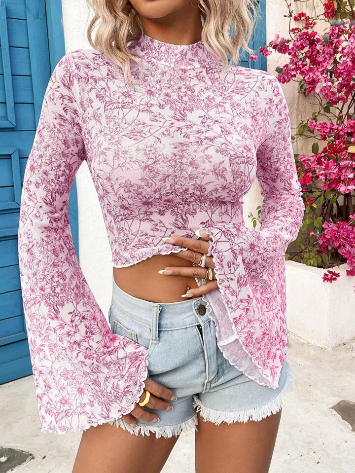 SHEIN WYWH Simple & Fashionable Casual Daily Pink&White Flower Print Women's Vacation Blouse,Long... | SHEIN