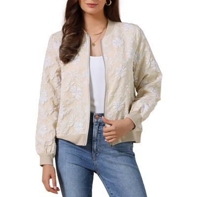 INSPIRE CHIC Women's Collarless Long Sleeve Floral Zip Up Ribbed Cuff Cropped Bomber Jackets Medium Khaki | Target