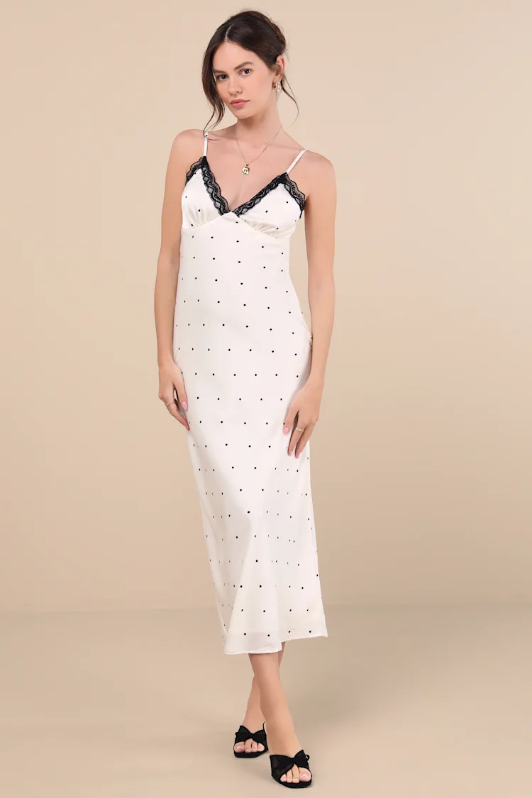 Majella Ivory Polka Dot Satin Lace Slip Midi Dress | Lulus