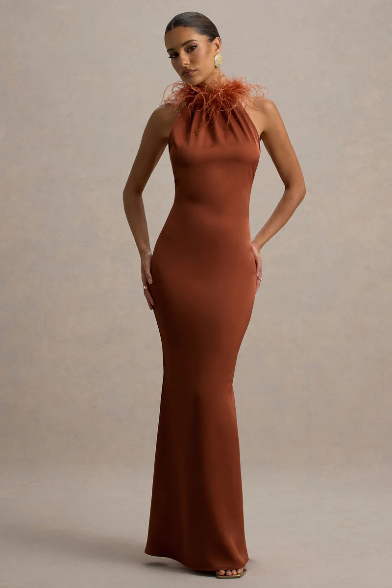 Bianca | Rust Satin Feather-Trim Maxi Dress | Club L London