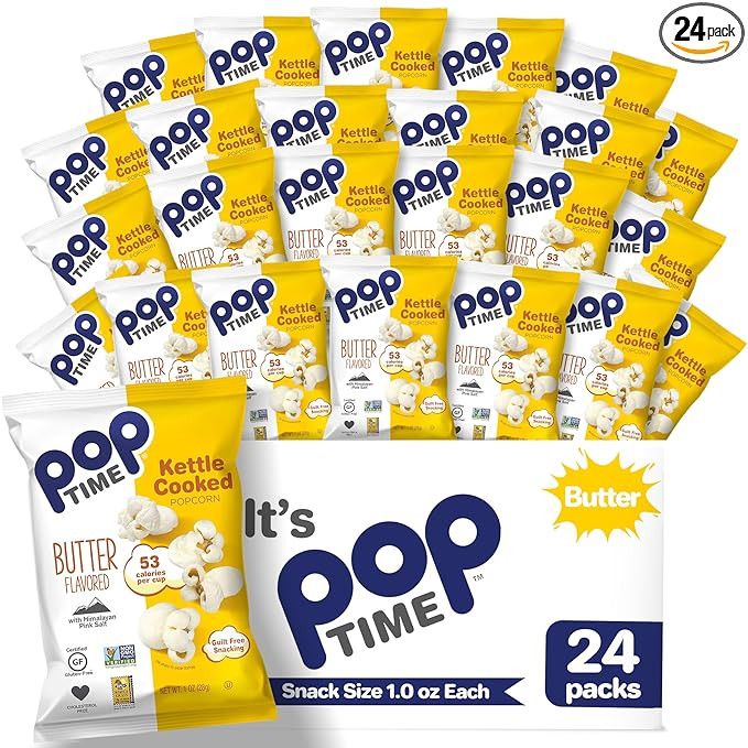 Poptime Kettle Cooked Popcorn - Butter, 1oz Bags (24 Pack), Non-GMO, Gluten Free, Dairy Free, Kos... | Amazon (US)