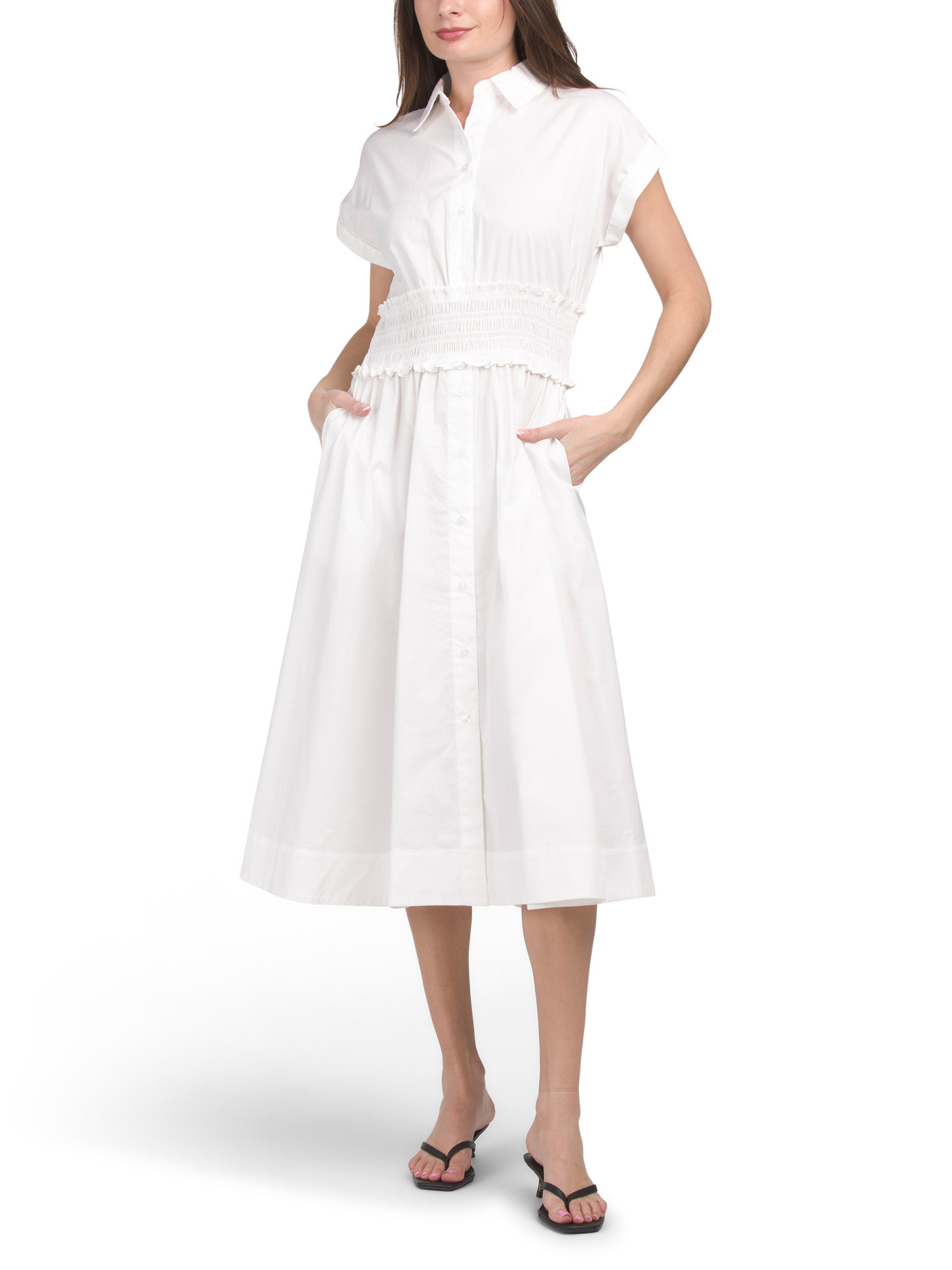 Smocked Waist Stretch Cotton Shirt Dress | Marshalls
